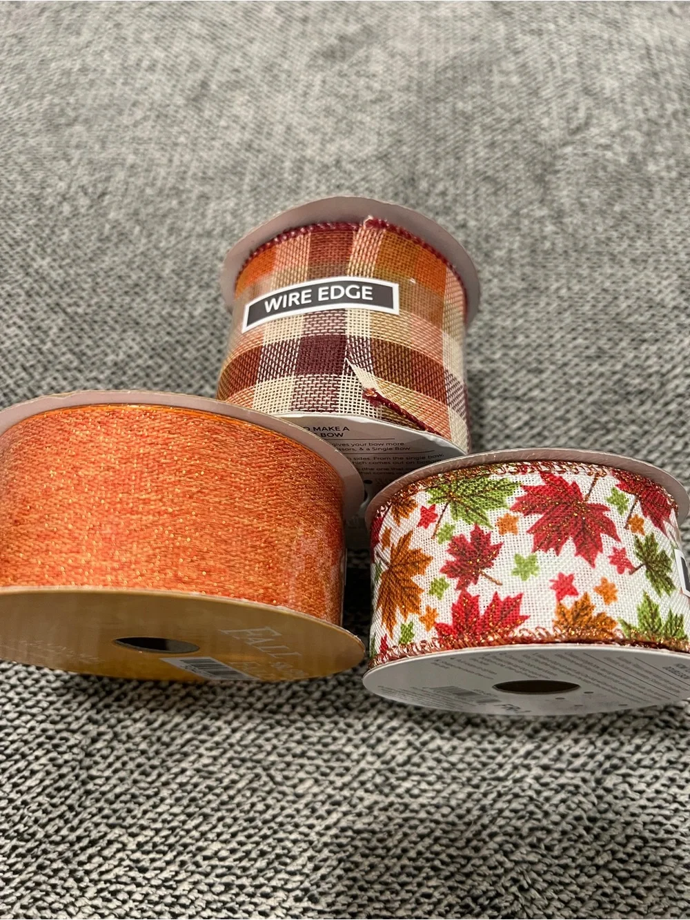 Autumn Decorative Ribbon Trio - Orange, Plaid, Leaf Print
